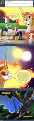 Size: 700x2463 | Tagged: safe, artist:johnjoseco, daybreaker, nightmare moon, alicorn, pony, ask the solar destroyer, a royal problem, g4, angry, broom, clothes, comic, dialogue, injured, maid, moon, mouth hold, speech bubble, sun