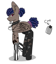 Size: 600x689 | Tagged: safe, artist:snows-undercover, oc, oc only, oc:novaline, pegasus, pony, zebra, zony, clothes, collar, dreadlocks, ear piercing, earring, eyebrow piercing, female, freckles, jewelry, lip piercing, mare, necklace, piercing, punk, ripped stockings, side view, simple background, skull, skull and crossbones, socks, solo, spiked collar, striped socks, white background, wing piercing
