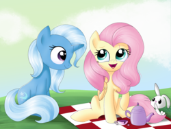 Size: 2000x1500 | Tagged: safe, artist:songbirdserenade, angel bunny, fluttershy, trixie, pegasus, pony, unicorn, g4, cup, female, mare, picnic blanket, sitting, teacup, teapot