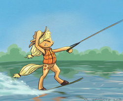 Size: 1073x882 | Tagged: safe, artist:el-yeguero, applejack, earth pony, pony, g4, eyes closed, female, lifejacket, mare, river, solo, water, water skiing