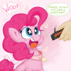 Size: 4167x4167 | Tagged: safe, artist:adequality, artist:celine-artnsfw, pinkie pie, oc, oc:anon, earth pony, human, pony, g4, absurd resolution, attempted murder, behaving like a dog, candy, chocolate, collar, drool, food, heart, mars, mars bar, pet play, pet tag, pony pet, puppy pie, starry eyes, tail wag, tongue out, wingding eyes, woof