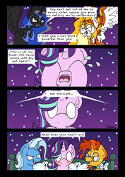 Size: 2480x3507 | Tagged: safe, artist:bobthedalek, daybreaker, nightmare moon, starlight glimmer, sunburst, trixie, alicorn, pony, unicorn, a royal problem, g4, bed, bisexual, blushing, comic, crying, dialogue, dream, female, high res, lesbian, male, mare, open mouth, pillow, polyamory, ship:starburst, ship:startrix, ship:startrixburst, shipping, shrunken pupils, smiling, spread wings, stallion, straight, this will end in polygamy, wings
