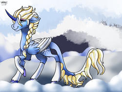 Size: 1400x1050 | Tagged: safe, artist:brainiac, alicorn, classical unicorn, pony, cloven hooves, crossover, curved horn, elsa, eyeshadow, female, frozen, frozen (movie), horn, leonine tail, makeup, mare, ponified, solo, two toned wings, unshorn fetlocks, wing fluff