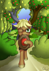 Size: 877x1280 | Tagged: safe, artist:calena, oc, oc only, oc:applegeek, pony, g4, the perfect pear, apple, apple tree, bush, glasses, hat, intertwined trees, pear, pear tree, profile, solo, tree