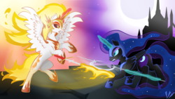 Size: 3840x2160 | Tagged: safe, artist:virenth, daybreaker, nightmare moon, alicorn, pony, a royal problem, g4, duo, female, fight, fire, high res, looking at each other, mare, moon, sisters, sun, weapon