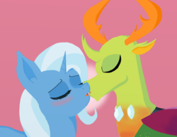 Size: 1100x850 | Tagged: safe, artist:eulicious, thorax, trixie, changedling, changeling, pony, unicorn, g4, blushing, eyes closed, female, imminent kissing, king thorax, male, mare, shipping, simple background, straight, thoraxie
