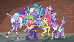 Size: 1920x1080 | Tagged: safe, screencap, lemon zest, sour sweet, sugarcoat, sunny flare, equestria girls, equestria girls specials, g4, my little pony equestria girls: dance magic, boots, brick wall, clothes, converse, crystal prep shadowbolts, disco dress, ear piercing, earring, eyes closed, female, glasses, graffiti, high heel boots, jewelry, piercing, shoes, skirt, sneakers, socks, sugarcoat tutu, zest best dress
