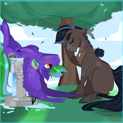 Size: 800x800 | Tagged: safe, artist:zakkurro, oc, oc only, pony, bath, bird bath, duo, facehoof, tongue out, tree, upside down, water