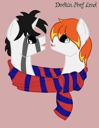 Size: 2322x3000 | Tagged: source needed, useless source url, safe, alternate version, artist:dookin, oc, oc only, oc:dookin foof lord, oc:the mad badger, pony, clothes, cuddling, cute, gay, high res, male, request, requested art, scarf, shared clothing, shared scarf, simple background