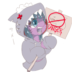 Size: 600x600 | Tagged: safe, artist:grimbloody, oc, oc only, pony, shark, clothes, hoodie, hoof hold, open mouth, shark costume, sharp teeth, sign, simple background, solo, teeth, white background