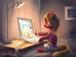 Size: 3000x2267 | Tagged: safe, artist:hunternif, oc, oc only, pegasus, pony, clothes, commission, digital art, drawing, high res, lamp, sitting, smiling, solo, table