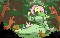Size: 1200x766 | Tagged: safe, artist:ethanqix, fluttershy, bird, deer, owl, rabbit, squirrel, anthro, g4, animal, big breasts, breasts, busty fluttershy, clothes, female, forest, hoof feet, mare, singing, smiling