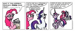 Size: 983x405 | Tagged: safe, artist:gingerfoxy, pinkie pie, rarity, twilight sparkle, alicorn, earth pony, pony, unicorn, fallout equestria, pony comic generator, g4, book, comic, cutie mark, fanfic, fanfic art, female, floppy ears, hooves, mare, open mouth, simple background, twilight sparkle (alicorn), white background