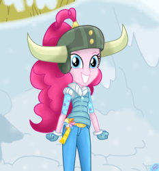 Size: 1750x1880 | Tagged: safe, artist:liniitadash23, pinkie pie, equestria girls, g4, not asking for trouble, belt, clothes, equestria girls interpretation, female, gloves, grin, helmet, honorary yak horns, horned helmet, jeans, looking at you, pants, scene interpretation, show accurate, smiling, solo, viking helmet