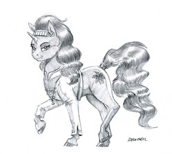 Size: 1300x1160 | Tagged: safe, artist:baron engel, saffron masala, pony, unicorn, g4, spice up your life, chef, female, grayscale, mare, monochrome, pencil drawing, raised hoof, signature, simple background, solo, traditional art, white background