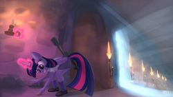 Size: 1200x675 | Tagged: safe, artist:1trick, twilight sparkle, alicorn, anthro, g4, candle, coin, female, solo, torch, twilight sparkle (alicorn)