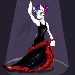 Size: 600x600 | Tagged: safe, artist:grimbloody, rarity, unicorn, anthro, g4, alternate hairstyle, arm hooves, armpits, clothes, dancing, dress, female, flamenco, flower, flower in hair, solo, spotlight