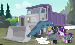 Size: 4200x2520 | Tagged: safe, artist:a4r91n, maud pie, starlight glimmer, earth pony, pony, unicorn, g4, clothes, command and conquer, crossover, dialogue, duo, duo female, female, hard hat, hat, high res, overalls, red alert, tree, truck, vector