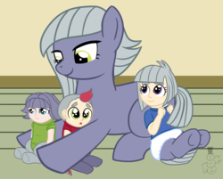 Size: 2098x1685 | Tagged: safe, artist:oneovertwo, limestone pie, oc, oc only, oc:brick pie, oc:chalk pie, oc:margaret pie, satyr, g4, baby, brother and sister, diaper, female, male, mother and daughter, mother and son, parent:limestone pie