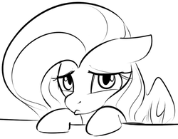 Size: 825x643 | Tagged: safe, anonymous artist, fluttershy, pony, g4, black and white, female, floppy ears, grayscale, monochrome, pouting, simple background, solo, white background
