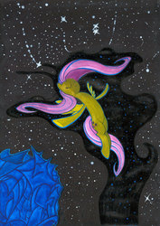 Size: 1024x1449 | Tagged: safe, artist:crystalightx, fluttershy, pony, g4, eyes closed, female, floating, solo, space, spread wings, stars, traditional art, watercolor painting, wings