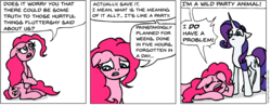 Size: 930x365 | Tagged: safe, artist:gingerfoxy, pinkie pie, rarity, earth pony, pony, unicorn, pony comic generator, g4, putting your hoof down, comic, confused, crossed hooves, depressed, dialogue, existential crisis, eye twitch, eyes closed, female, floppy ears, frown, gritted teeth, implied fluttershy, lidded eyes, looking down, looking up, mare, mood swing, pinkie being pinkie, prone, sad, simple background, speech bubble, thinking, wat, white background, wide eyes