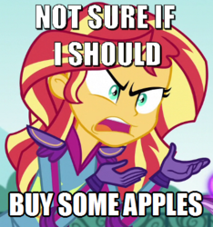 Size: 365x390 | Tagged: safe, sunset shimmer, equestria girls, g4, buy some apples, exploitable meme, image macro, meme, not sure if