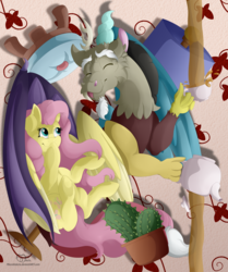 Size: 1394x1664 | Tagged: safe, artist:missydakota, discord, fluttershy, draconequus, pegasus, pony, discordant harmony, g4, cactus, chaos, clothes, duo, eyes closed, female, male, mare, pouring, silly, tea, teapot, tongue out