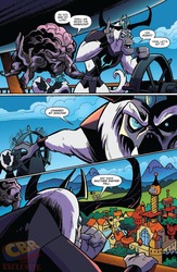 Size: 900x1384 | Tagged: safe, artist:andypriceart, idw, official comic, storm king, strife, pony, g4, my little pony: the movie, my little pony: the movie prequel, spoiler:comic, city, comic, male, preview, speech bubble, storm guard