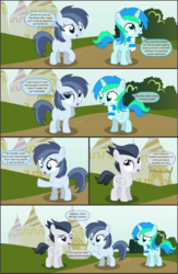Size: 4550x7000 | Tagged: safe, artist:cyanlightning, button mash, rumble, shady daze, oc, oc:cyan lightning, earth pony, pegasus, pony, unicorn, comic:cyan's adventure, g4, .svg available, absurd resolution, clothes, colt, comic, female, filly, magic, male, rule 63, scarf, vector
