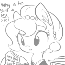 Size: 720x720 | Tagged: safe, artist:tjpones, oc, oc only, oc:brownie bun, earth pony, pony, horse wife, clothes, dialogue, ear fluff, food, grayscale, hoof hold, hot dog, meat, monochrome, sausage, shirt, simple background, solo, t-shirt, white background