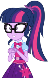Size: 1853x3000 | Tagged: safe, artist:uponia, sci-twi, twilight sparkle, equestria girls, equestria girls specials, g4, my little pony equestria girls: movie magic, belt, bowtie, clothes, female, glasses, grin, nervous, nervous smile, ponytail, simple background, skirt, smiling, solo, transparent background, vector, vest
