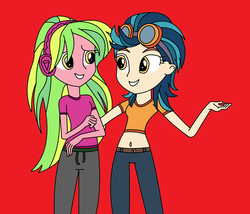Size: 2944x2520 | Tagged: safe, artist:trixiedusk09, indigo zap, lemon zest, equestria girls, g4, belly button, duo, duo female, female, high res, midriff, red background, simple background
