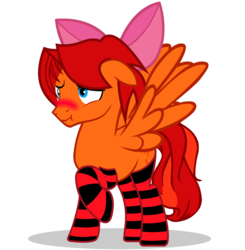 Size: 1690x1725 | Tagged: safe, artist:goldenfoxda, oc, oc only, oc:goldenfox, pegasus, pony, blushing, bow, clothes, crossdressing, embarrassed, hair bow, male, pink, simple background, socks, stallion, stockings, striped socks, thigh highs, transparent background