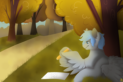 Size: 3000x2000 | Tagged: safe, artist:liefsong, oc, oc only, oc:silver lining, pegasus, pony, autumn, commission, forest, high res, path, pencil, solo, wing hands