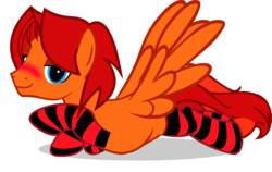 Size: 1733x1096 | Tagged: safe, artist:goldenfoxda, oc, oc only, oc:goldenfox, pegasus, pony, bedroom eyes, blushing, clothes, crossdressing, male, seductive, seductive pose, simple background, socks, solo, spread wings, stallion, stockings, striped socks, thigh highs, transparent background, wingboner, wings