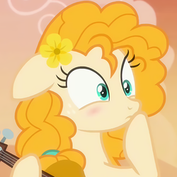 Size: 482x482 | Tagged: safe, screencap, pear butter, earth pony, pony, g4, the perfect pear, blushing, cropped, cute, female, floppy ears, flower, flower in hair, guitar, mare, pearabetes, raised hoof, solo