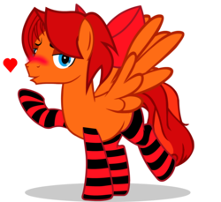 Size: 1690x1547 | Tagged: safe, artist:goldenfoxda, oc, oc only, oc:goldenfox, pegasus, pony, blowing a kiss, blushing, bow, clothes, crossdressing, eyeshadow, hair bow, heart, kissing, love and affection, makeup, male, naughty, pink, simple background, socks, solo, spread wings, stallion, stockings, striped socks, thigh highs, transparent background, wingboner, wings