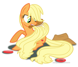 Size: 850x735 | Tagged: safe, artist:scruffytoto, applejack, earth pony, pony, g4, brushing, female, hairbrush, loose hair, mare, mouth hold, scrunchie, simple background, solo, transparent background