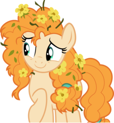 Size: 1000x1082 | Tagged: safe, artist:charity-rose, pear butter, earth pony, pony, g4, the perfect pear, cute, female, flower, flower in hair, messy mane, pearabetes, raised hoof, simple background, smiling, solo, transparent background, vector