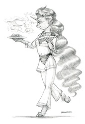 Size: 1000x1461 | Tagged: safe, artist:baron engel, saffron masala, unicorn, anthro, unguligrade anthro, g4, breasts, chef, clothes, dessert, female, food, grayscale, indian, indian pony, levitation, magic, mare, monochrome, pants, pencil drawing, simple background, solo, tea, telekinesis, traditional art, white background