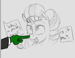 Size: 1050x808 | Tagged: safe, artist:anontheanon, artist:post-it, saffron masala, oc, oc:anon, pony, unicorn, g4, boop, dialogue, gray background, offscreen character, open mouth, partial color, simple background, sketch, who's a good pony
