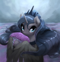 Size: 868x892 | Tagged: safe, artist:bakuel, princess luna, alicorn, pony, g4, crown, cute, female, flower, lavender, looking at you, lunabetes, mare, regalia, smiling, solo, that pony sure does love lavender