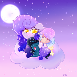 Size: 4000x4000 | Tagged: safe, artist:luciusheart, oc, oc only, oc:dream weaver, oc:moonheart, bat pony, earth pony, pony, unicorn, cuddle puddle, cuddling, cute, female, filly, moon, moonlight, night, pony pile, sleeping, snuggling, sparkles, stars, weapons-grade cute, yawn