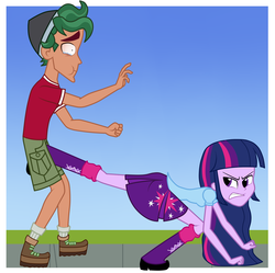 Size: 1771x1767 | Tagged: dead source, safe, artist:mashoart, timber spruce, twilight sparkle, alicorn, equestria girls, g4, boots, breasts, crack, crying, egg, groin attack, humans doing horse things, kick, ouch, shoes, small breasts, tears of pain, timberbuse, twilight sparkle (alicorn)