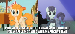 Size: 1207x552 | Tagged: safe, coloratura, pear butter, earth pony, pony, g4, the mane attraction, the perfect pear, comparison, cute, grammar error, history repeats itself, implied rarajack, implied shipping, meme, oedipus complex, pearabetes, rara, rarabetes, smiling