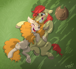 Size: 1676x1524 | Tagged: safe, artist:sukalaap, bright mac, pear butter, earth pony, pony, g4, the perfect pear, female, grass, male, shade, ship:brightbutter, shipping, signature, snuggling, straight, watermark