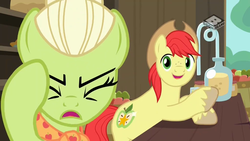 Size: 1024x578 | Tagged: safe, screencap, bright mac, granny smith, earth pony, pony, g4, the perfect pear, alcohol, apple, cider, duo, female, food, hard cider, male, mother and son