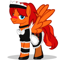 Size: 1690x1547 | Tagged: safe, artist:goldenfoxda, oc, oc only, oc:goldenfox, pegasus, pony, blushing, bow, choker, clothes, crossdressing, cutie, flats, maid, maid headdress, male, shoes, simple background, skirt, slippers, solo, stallion, stockings, thigh highs, transparent background, trap, vector
