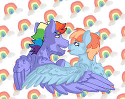 Size: 2078x1648 | Tagged: safe, artist:didicom, bow hothoof, windy whistles, pony, g4, abstract background, female, grin, hug, husband and wife, lidded eyes, looking at each other, male, rainbow dash's parents, ship:windyhoof, smiling, tongue out, winghug